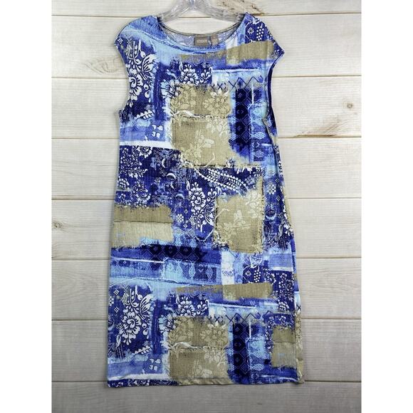 Chicos Dress Women Sz 1 8/10 Blue Short Cap Sleeve Patchwork Floral Slinky Knit - Picture 1 of 9